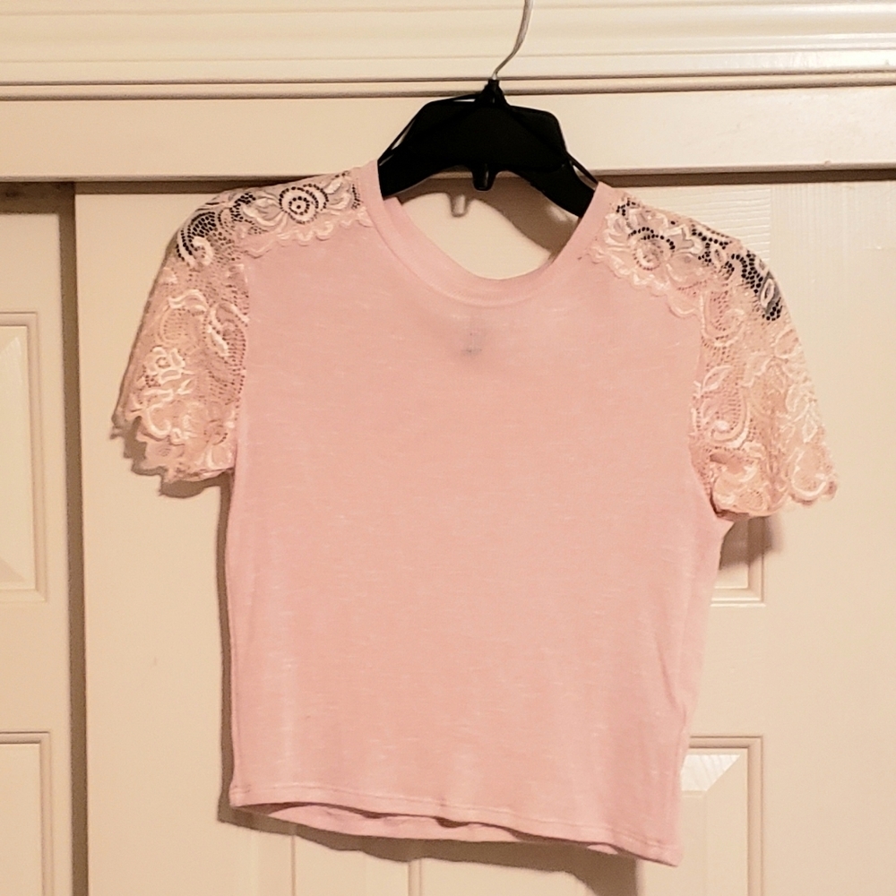 Blush pink sheer crop with lace
